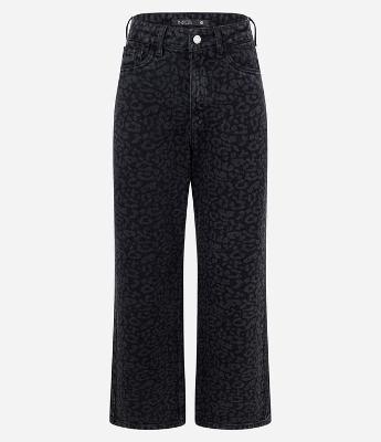 Calça Reta Cropped em Jeans com Cintura Alta e Estampa Animal Print