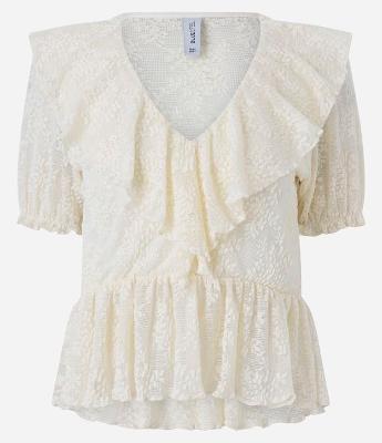 Blusa Manga Curta em Renda Texturizada com Babados no Decote