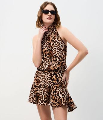Vestido Curto com Gola Halter Neck e Estampa Animal Print