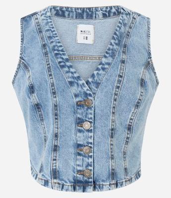 Colete em Jeans com Recortes e Botões