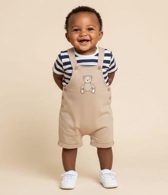 Conjunto Infantil Body Listrado e Jardineira com Bordado Urso – Tam 0 a 18 Meses