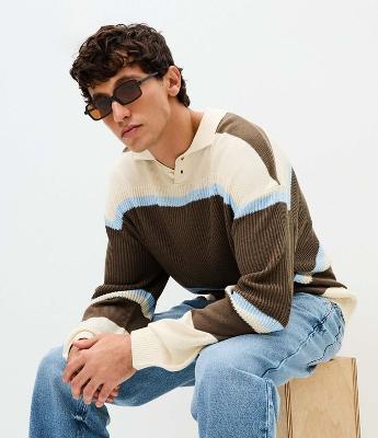 Suéter Masculino Retilínea Listrado com Gola Polo