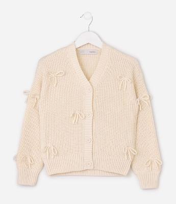 Cardigan Infantil em Tricô com Lacinhos Aplicados – Tam 5 a 14 Anos