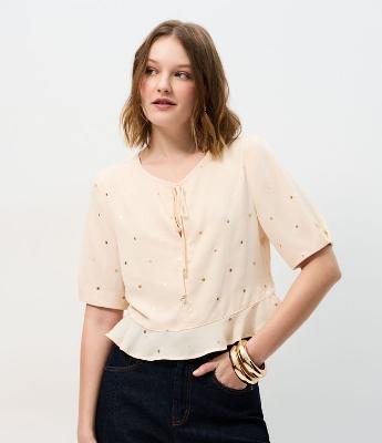 Blusa em Chiffon com Estampa Poá e Amarração Frontal