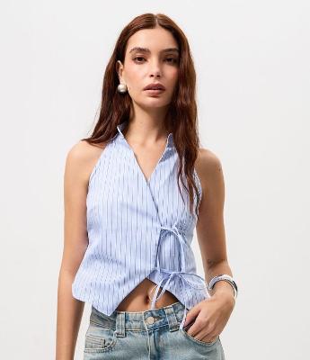 Blusa Frente Única em Algodão com Fechos em Nó Duplo