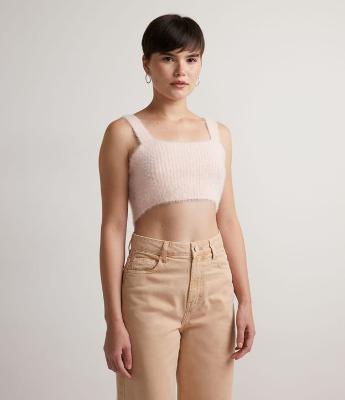 Blusa Regata Cropped em Poliamida Canelada com Pelinhos