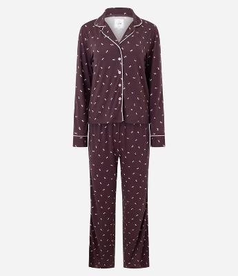 Pijama Longo Americano em Peach Touch com Estampa de Borboletas