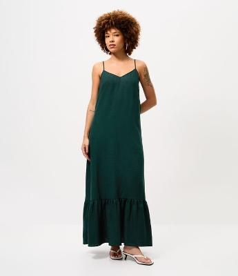 Vestido Longo Alcinha em Linho com Gola V e Barra Detalhada