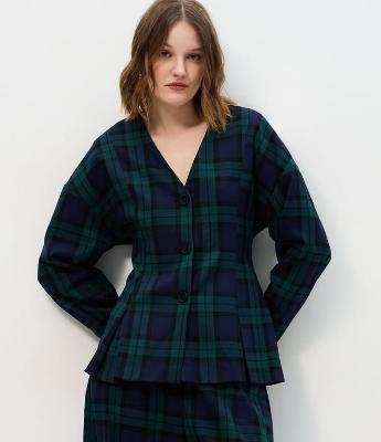 Blazer Peplum Alfaiatado com Estampa Xadrez