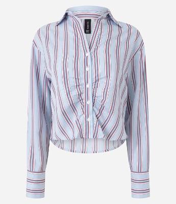 Camisa Manga Longa Listrada em Tricoline com Drapeados Frontais