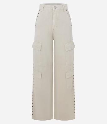 Calça Cargo Wide Leg em Sarja com Cintura Alta e Tachas