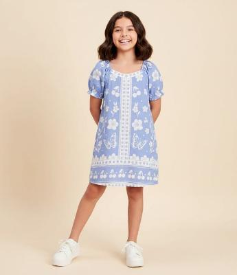 Vestido Infantil em Viscolinho com Estampa Tropical – Tam 5 a 14 Anos