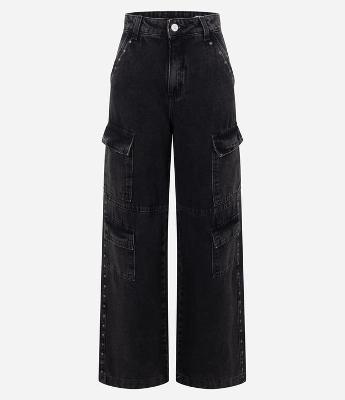 Calça Wide Leg Jeans com Cintura Alta e Tachas