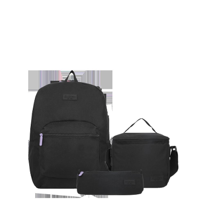 Kit Mochila + lancheira + estojo | Triple Pack 5XT | Preto e Lilás