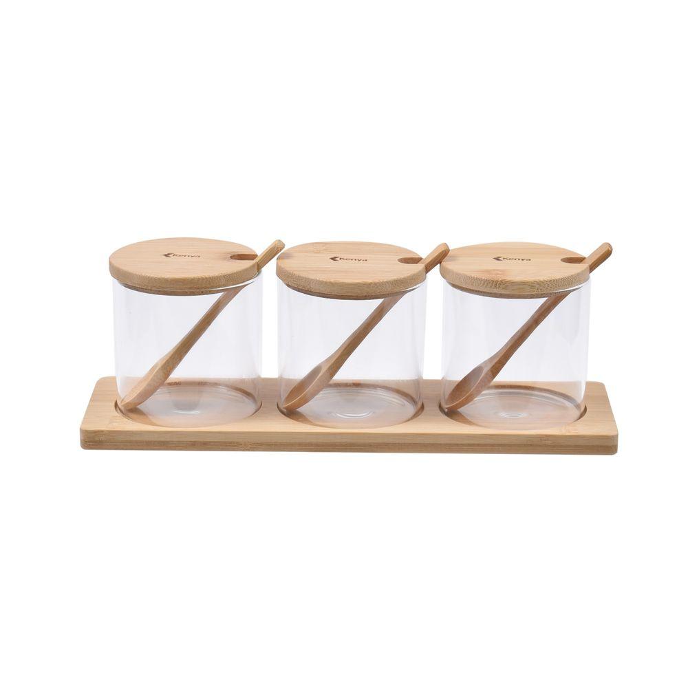 Kit com 3 Peças Pote em Vidro, Colher e Base em Bambu Kenya - 1