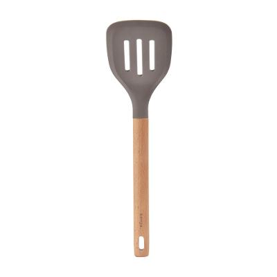 Espátula Vazada de Silicone com Cabo de Madeira Kenya Cinza