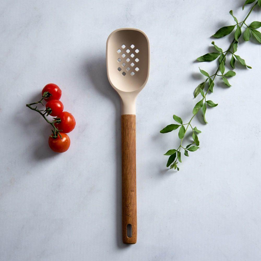 Colher de Serviço de Silicone com Cabo em Acácia Spicy Bege - 4