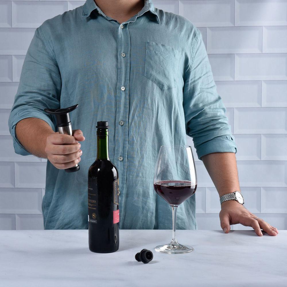 Kit Vinho com Bomba a Vácuo e Aerador  em Aço Inox Kenya Preto - 4