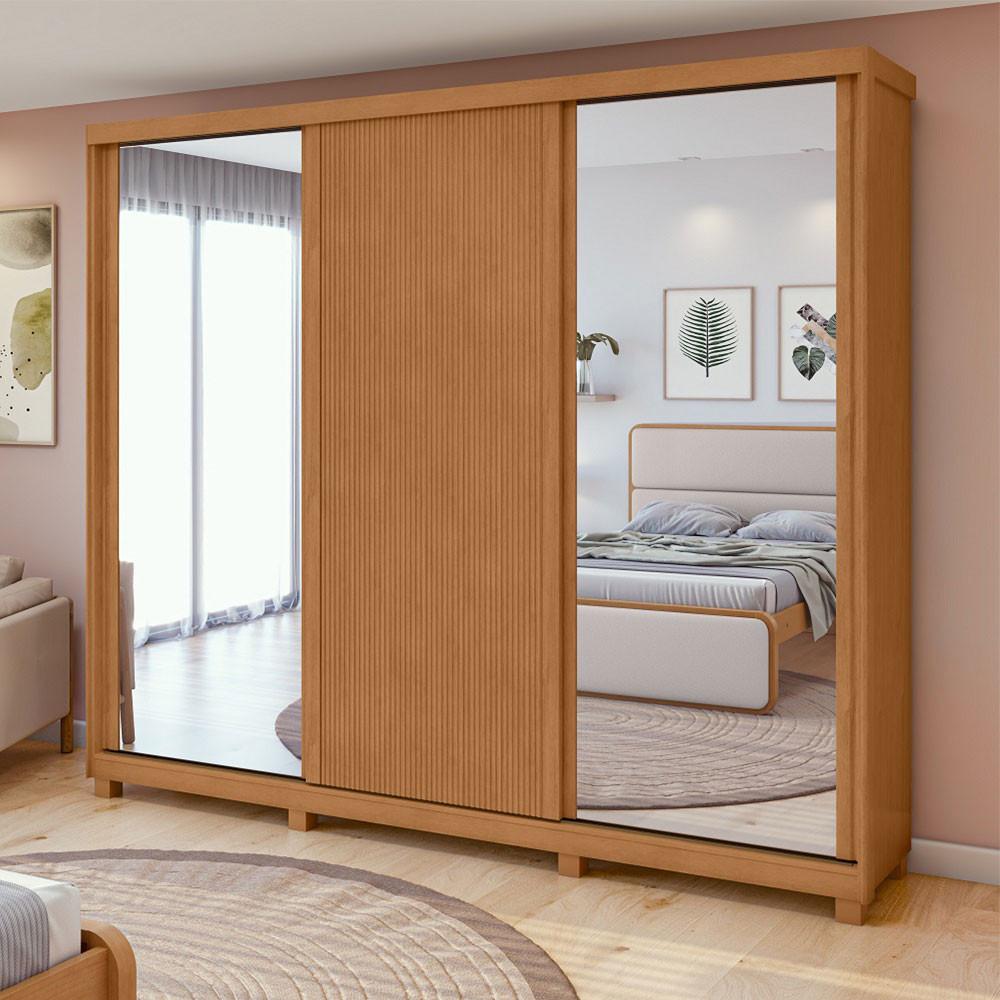 Guarda Roupa Ollie 3 Portas 6 Gavetas com Espelho Lopas - Amendoa Clean/Off White - 1