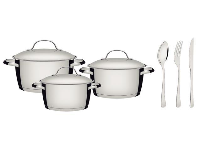 Jogo de Panelas Tramontina Allegra e Tampas de Inox 3 Peças + Faqueiro - 1