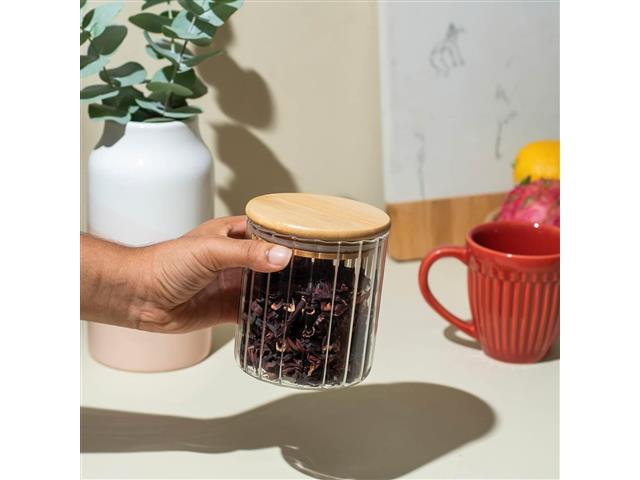 Pote Oikos de Vidro Canelado com Tampa de Bambu 500ml - 3