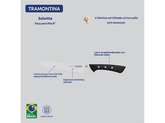 Faca para Pão Tramontina Solutta com Lâmina em Aço Inox e  Preto 8" - 4