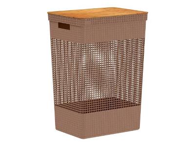 Cesto De Roupas Grid Tampa Bambu 49L Marrom Amendoa Fechado