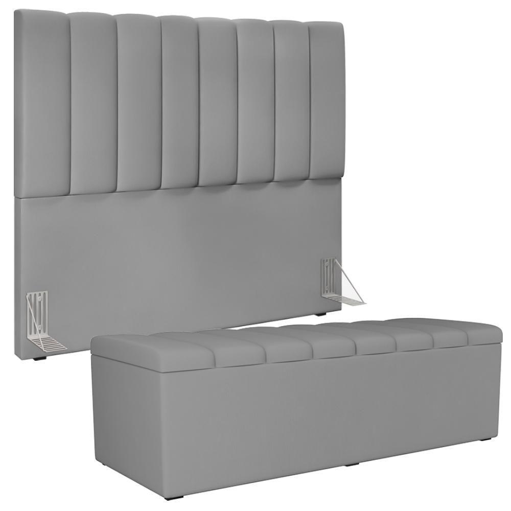 Kit Cabeceira Casal 140cm Com Calçadeira Recamier Baú Cinza - 1