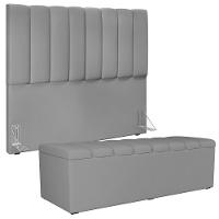 Kit Cabeceira Casal 140cm Com Calçadeira Recamier Baú Cinza - 1
