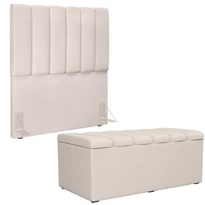 Kit Cabeceira Cama Box Dália W01 100cm Linho Madeira Cru com Calçadeira Baú