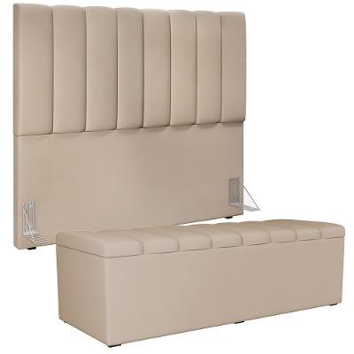 Kit Cabeceira Cama Box Casal Dália W01 140cm Suede Madeira Bege com Calçadeira Baú