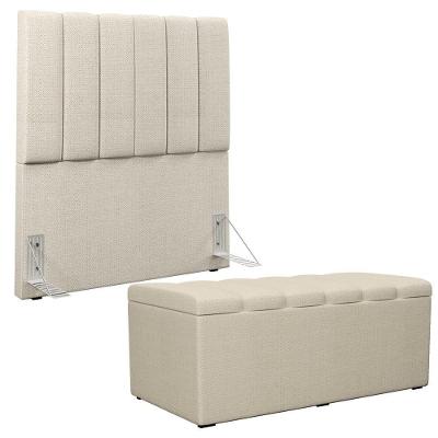 Kit Cabeceira Cama Box Solteiro 100cm Dália W01 Linho Madeira Champagne
