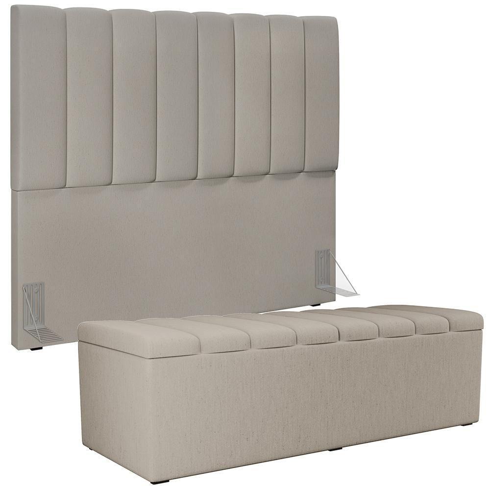Kit Cabeceira Casal 140cm E Calçadeira Recamier Baú Bege - 1