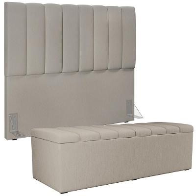 Kit Cabeceira e Calçadeira Baú Dália W01 140cm para Cama Casal em Linho Estrutura de Madeira Bege
