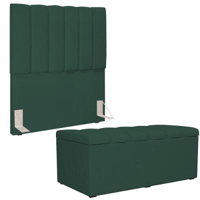 Kit Cabeceira Solteiro 100cm Com Calçadeira Baú Verde Musgo
