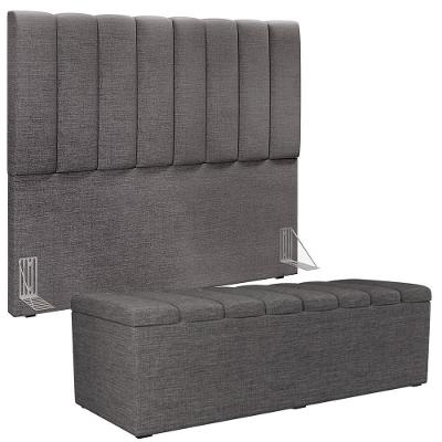 Kit Cabeceira Cama Box Casal Dália W01 140cm Linho Estrutura Madeira Cinza Escuro