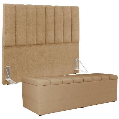 Kit Cabeceira Cama Box Casal 140cm Dália W01 Linho Madeira Bege Escuro