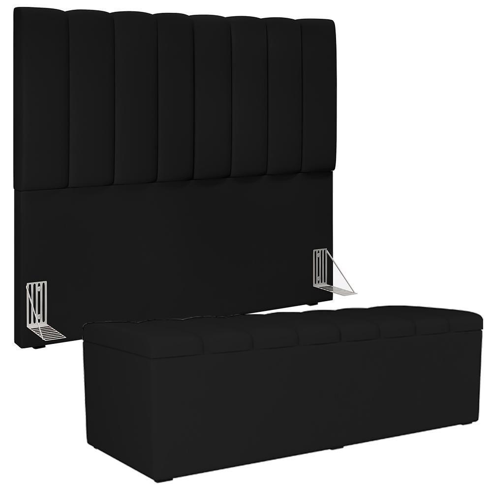 Kit Cabeceira Casal 140cm C/Calçadeira Recamier Baú Preto - 1