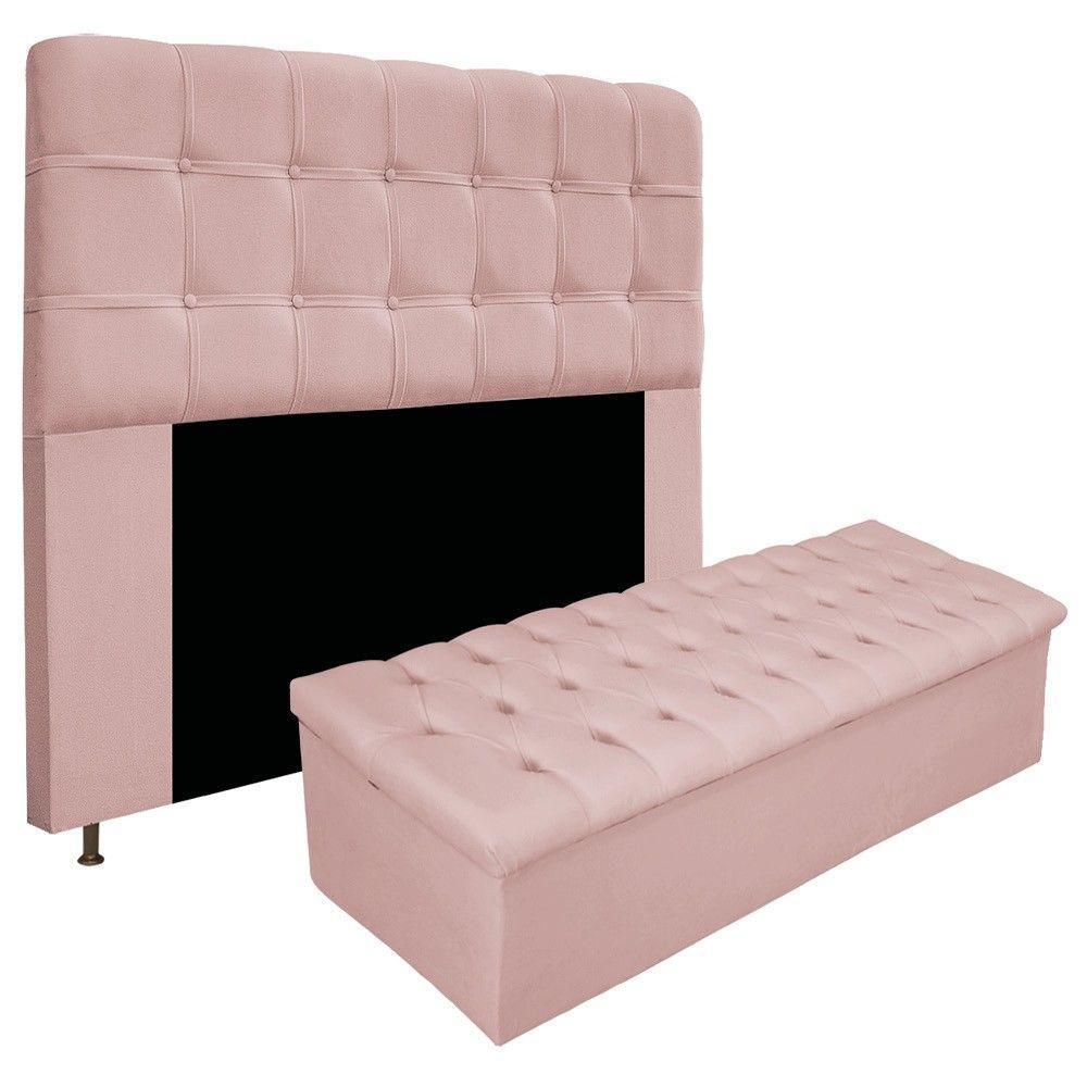 Cabeceira E Calçadeira 160 Cm Queen Com Capitonê Suede Rosê - 1