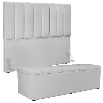 Kit Cabeceira Cama Box Casal com Calçadeira Baú Dália W01 140cm Linho Madeira Cinza