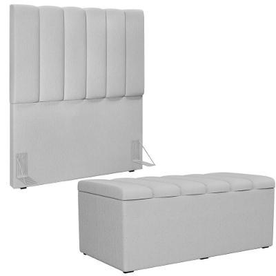 Kit Cabeceira Cama Box Solteiro 100cm e Calçadeira Baú Dália W01 Linho Madeira Cinza
