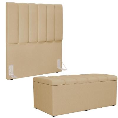 Kit Cabeceira Solteiro 100cm Com Calçadeira Baú Bege Escuro