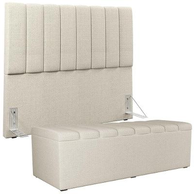 Kit Cabeceira e Calçadeira Dália W01 140cm Casal em Linho Champagne com Estrutura de Madeira