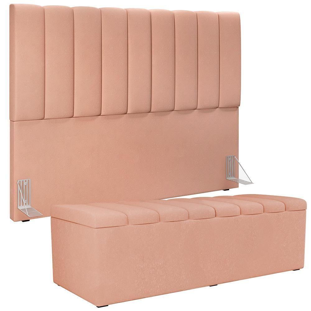 Kit Cabeceira Casal Queen 160cm Com Calçadeira Baú Rosê - 1