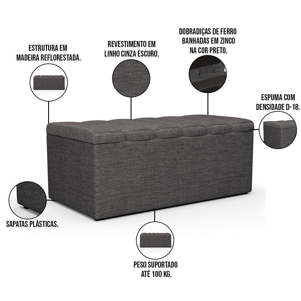 Kit Cabeceira Solteiro 100cm C/Calçadeira Baú Cinza Escuro - 8