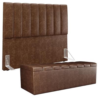 Kit Cabeceira Cama Box Casal com Calçadeira Recamier Baú Dália W01 140cm Estofado Marrom