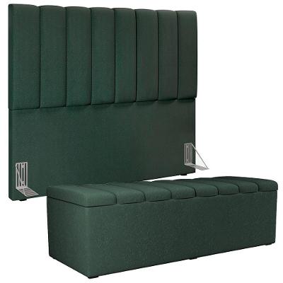 Kit Cabeceira Cama Box Casal 140 cm Dália W01 Linho Madeira Verde Musgo