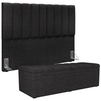 Kit Cabeceira Cama Box Casal Dália W01 com Calçadeira Recamier Baú Revestimento Linho Cinza