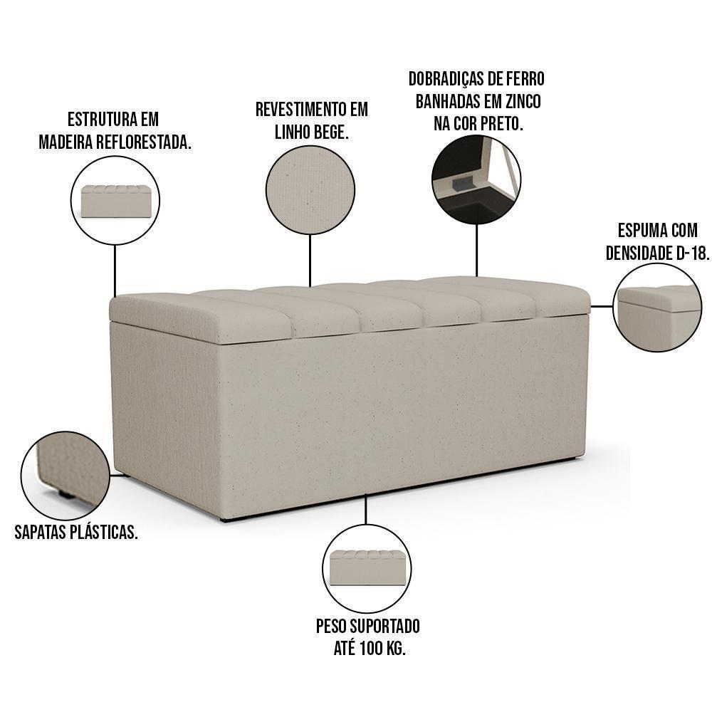 Kit Cabeceira Solteiro 100cm C/Calçadeira Recamier Baú Bege - 8