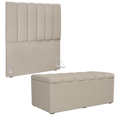 Kit Cabeceira Cama Box com Calçadeira Recamier Baú Dália W01 100cm Linho Bege